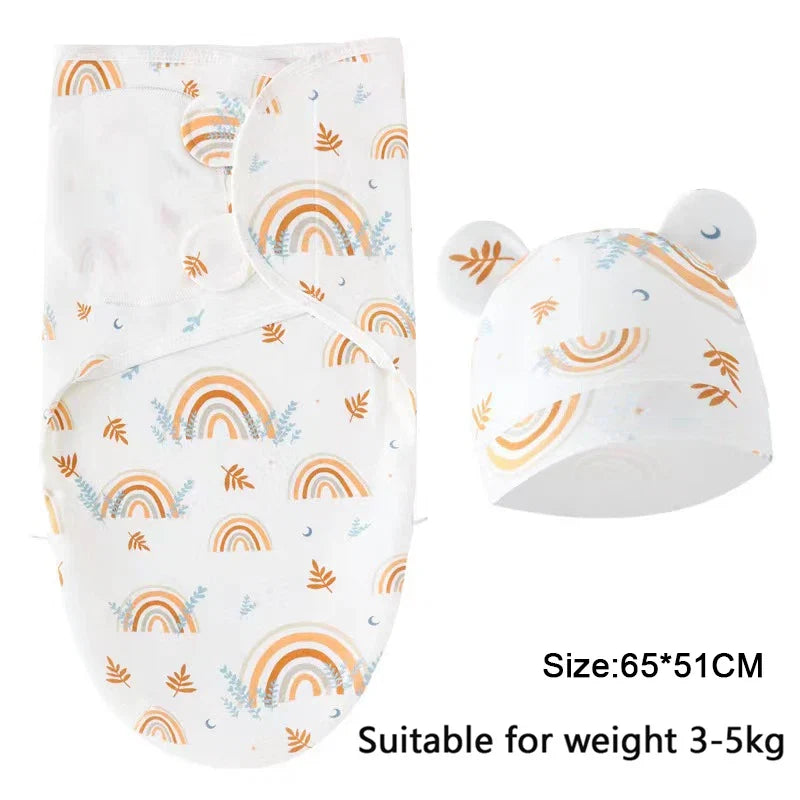Baby Blanket Hat Set Cartoon Printed Cotton Newborn Swaddle Adjustable
