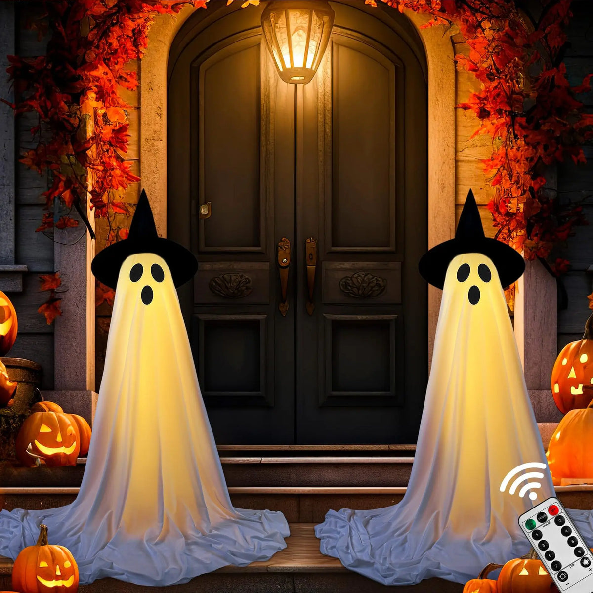 Halloween Freestanding Ghost Decoration with Witch Hat - Spooky Fabric Ghost for Yard, Lawn, Porch & Indoor Party Display - 7 Styles