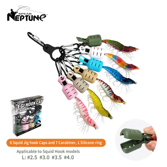6-Pack Squid Jig Bait Protector Kit — Egi Hook Covers with Carabiner, Webfoot Octopus and Cuttlefish Lure Caps