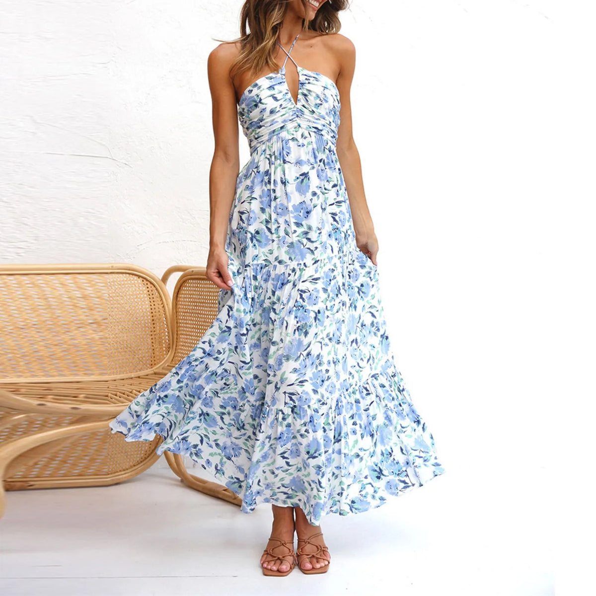 Women's Sleeveless V-Neck Casual Maxi Dress – Solid Color Spaghetti Strap A-Line Summer Dress