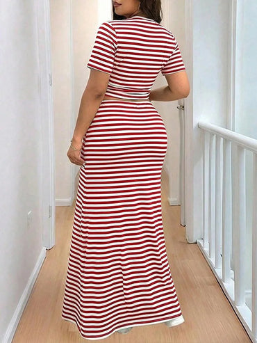 GIBSIE Plus Size Striped O-Neck Short Sleeve Crop Top Women Summer Mermaid Hem Long Skirts Set Female Casual Two Piece Outfit