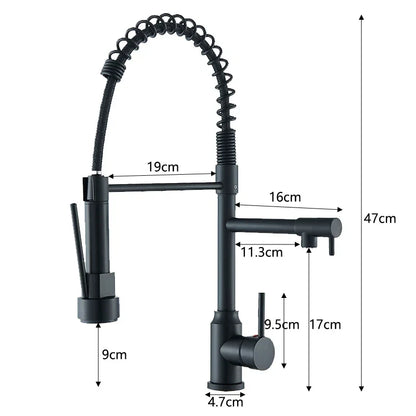 Black Pull-Down Kitchen Faucet - Single-Handle Hot & Cold Mixer, Dual Spout, 2-Mode Spray, 360° Rotating Deck-Mounted