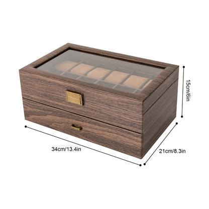 24-Compartment 2-Tier Watch Display Box with Glass Window - Rustic Brown PU & Wood, Removable Pillows, Tabletop Jewelry Organizer