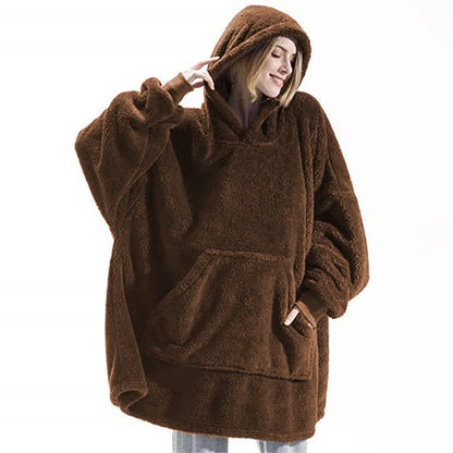 Women's Thick Winter Fleece Hooded Pullover Jacket – Double-Layer Warm Long Hoodie with Pockets