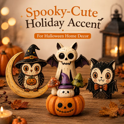 Halloween Hand-Painted Wooden Tabletop Figurines – Owl, Ghost, Pumpkin & Vampire Cat Characters for Shelf, Mantel & Party Decor – 4 Colors
