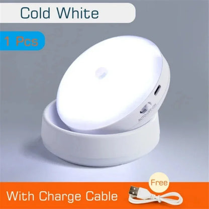 USB Rechargeable LED Motion Sensor Night Light – Magnetic 360° Rotating for Closet, Wardrobe, Cabinet, Bedside
