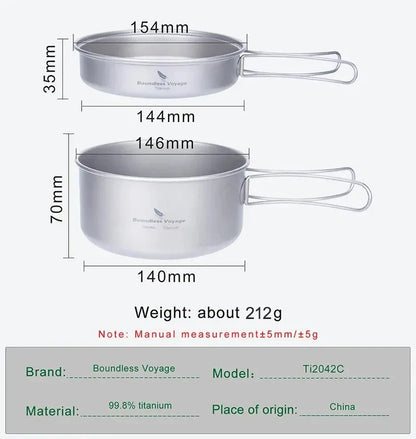 Titanium Camping Cookware Set with Folding Handles - Lightweight Pot & Pan for Hiking