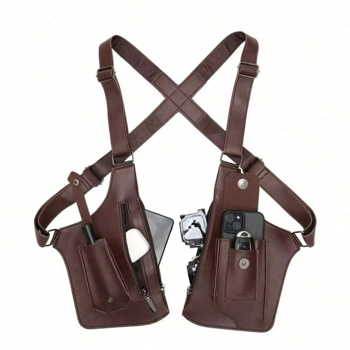 Hidden Underarm Shoulder Holster Wallet – Anti-Theft PU Leather Double Bag Strap for Men & Women, Brown or Black