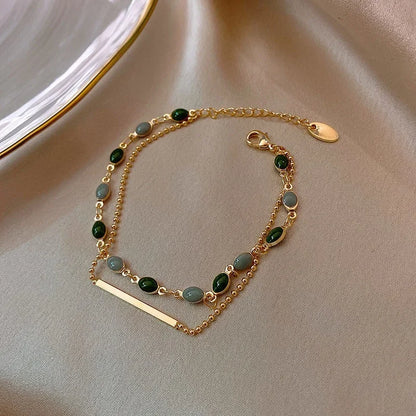 Double Layered Crystal Charm Bracelet for Women – Adjustable Beaded Gold Copper Alloy Jewelry Gift