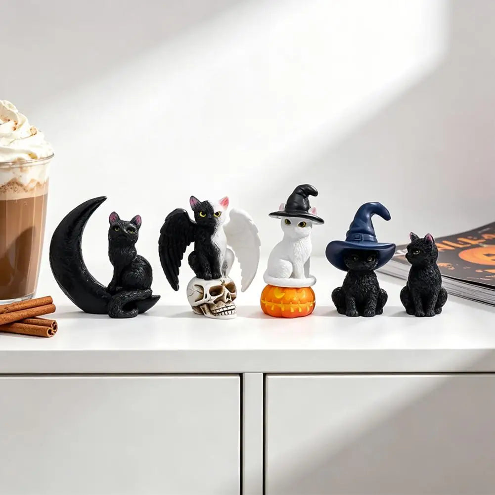 Halloween Witch Cat Resin Figurine - Spooky Cat with Witch Hat, Pumpkin, Skull & Moon Statue for Tabletop, Mantel & Shelf Decor - 5 Designs