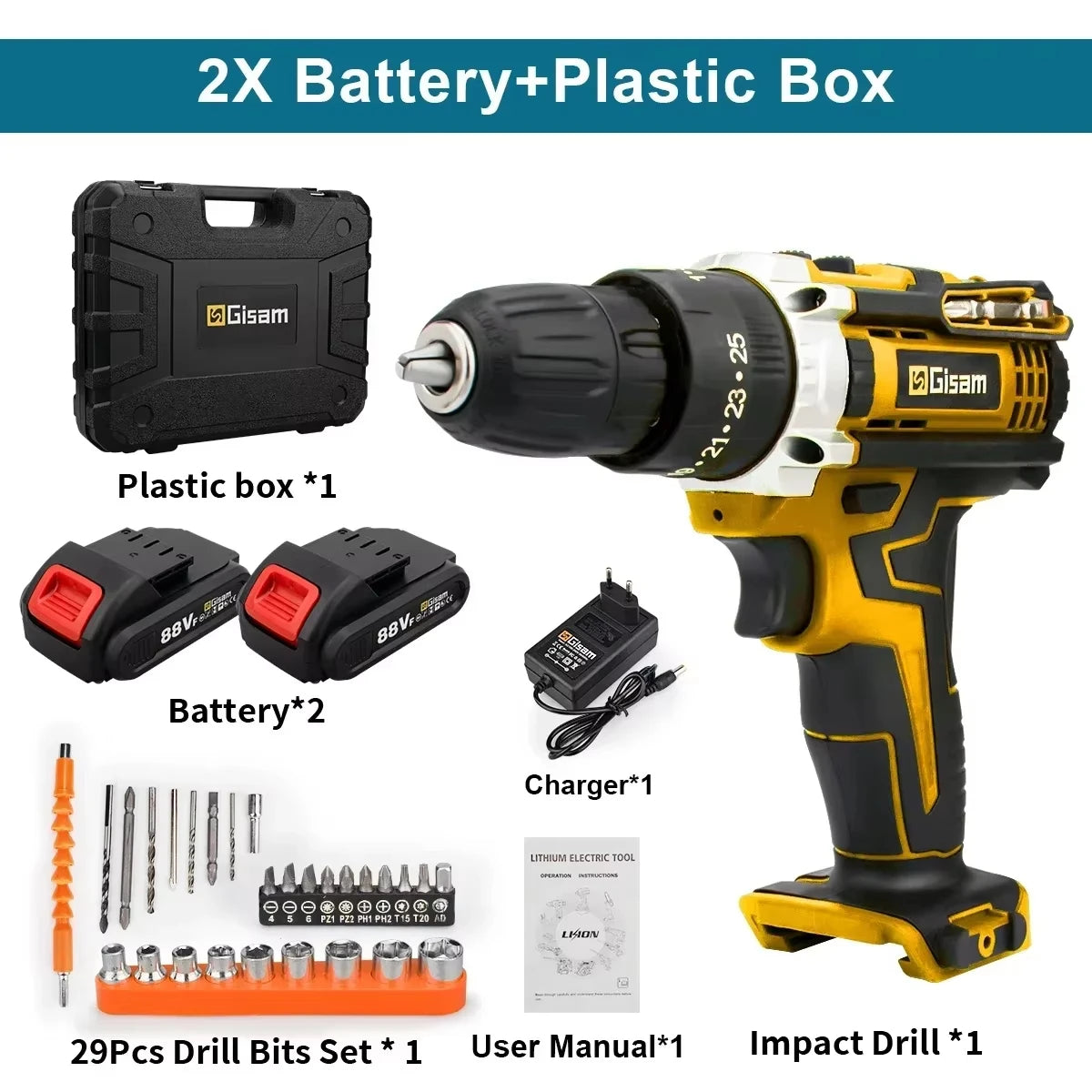 Gisam 21V Cordless Drill and Screwdriver, 28 N·m Torque