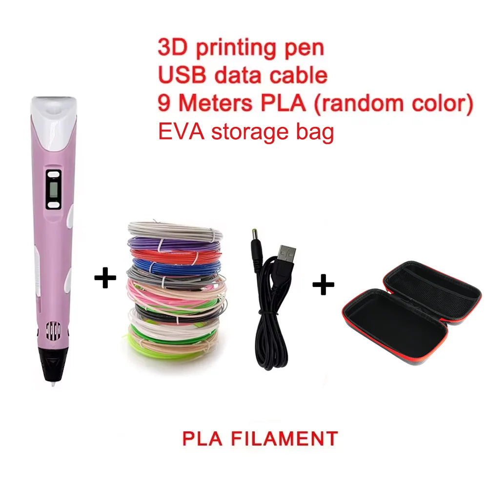 USB Rechargeable 3D Printing Pen with 9M PLA Filament (1.75mm) — Adjustable Speed, 180–220°C Heat, DIY 3D Pen for Kids & Adults