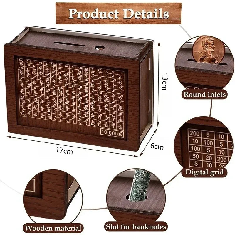 Handmade Wooden Money Box with 10,000 Savings Goal Counter – Reusable Piggy Bank for Kids & Adults