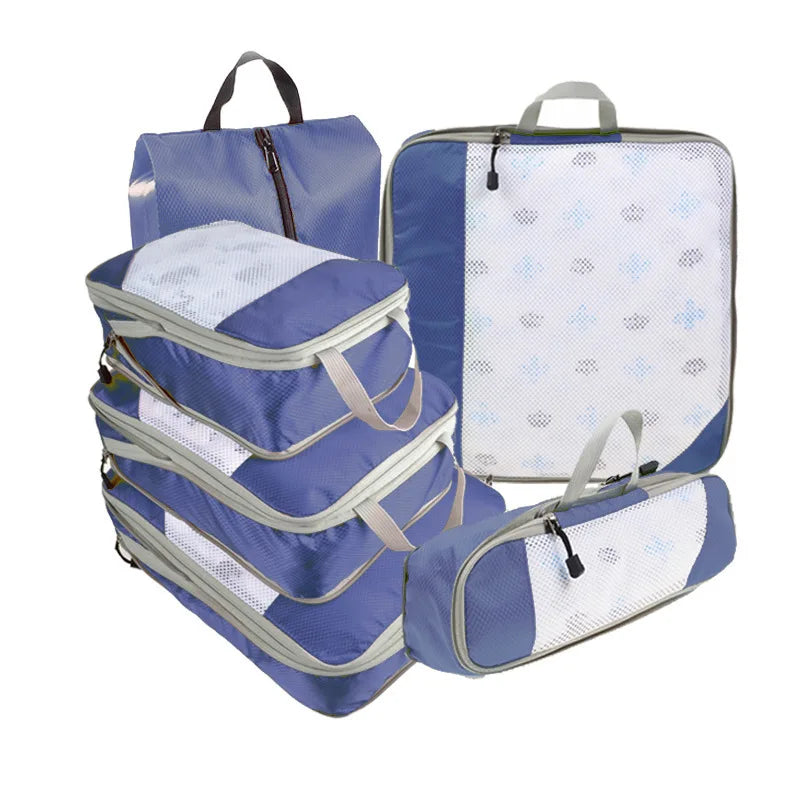 6-Piece Travel Compression Packing Cubes Set with Shoe Bag - Mesh Lightweight Luggage Organizers