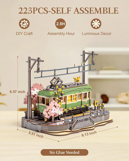 Robotime Sakura Journey Tram 3D Wooden Puzzle with LED Lights – 223-Piece Model Kit for Adults