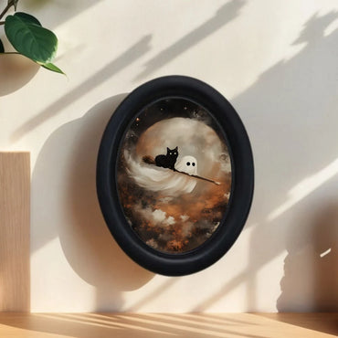 1 Piece of Vintage Halloween Decoration Featuring a Little Ghost and a Black Cat Riding a Witch's Broom - Handmade Oval Wooden Wall Art (5.25* 4.16inch), Oval Decoration, Halloween, Christmas, Thanksgiving Victorian Room Dark