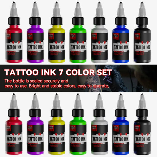 7-Pack 15ml Tattoo Ink Set - 7 Colors Body Art Pigments for Semi-Permanent Makeup & Tattooing