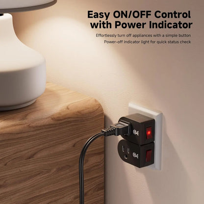 3-Pack Grounded Outlet Switch with On/Off Button, Black - Safe Energy-Saving Adapter