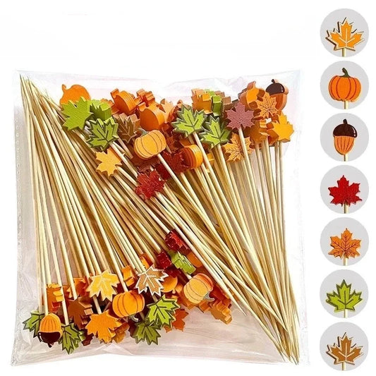 Autumn Harvest Food Picks – Set of 100 Mixed Bamboo Cocktail Sticks with Pumpkin, Maple Leaf & Acorn Shapes – Halloween & Thanksgiving Party Decor