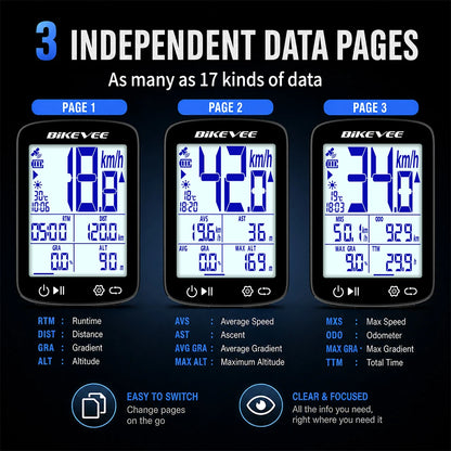 Bikevee BKV-500 GPS Bike Computer with Bluetooth 5.3 - 2.4" LCD, 28hr Battery, 5-Satellite GPS, IPX7, External Sensor Support, 50g, 2-Year Warranty