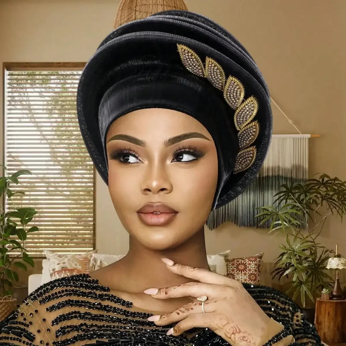 African Elegant Pleated Leaf Turban Hat - Chiffon Head Wrap, 5 Colors, All Seasons, Women & Unisex