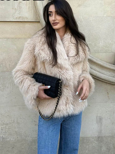 Cropped Faux Fur Jacket for Women – Long Sleeve Snap-Button Lapel Collar Thick Winter Coat