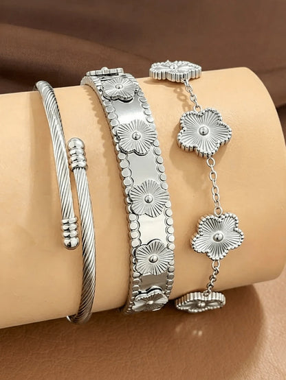 Five-Leaf Clover Charm Bracelet & Bangle Set – 18K Gold or Silver Plated Stainless Steel, Rhinestone Detail, Layered Jewelry for Women, 1pc or 3pc Sets