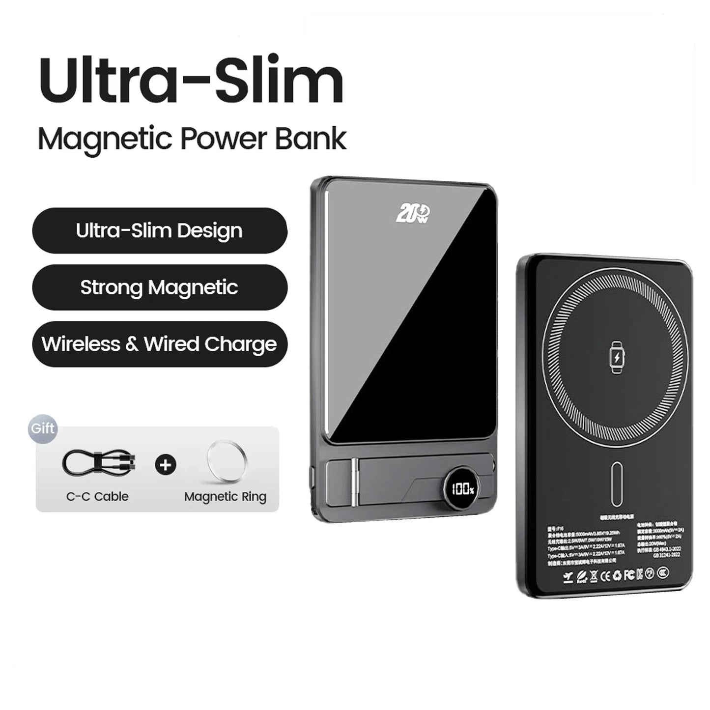 Magnetic Wireless Power Bank 10000mAh — 20W Fast Charging Portable Battery (Also 5000mAh) for Magnetic-Compatible Phones