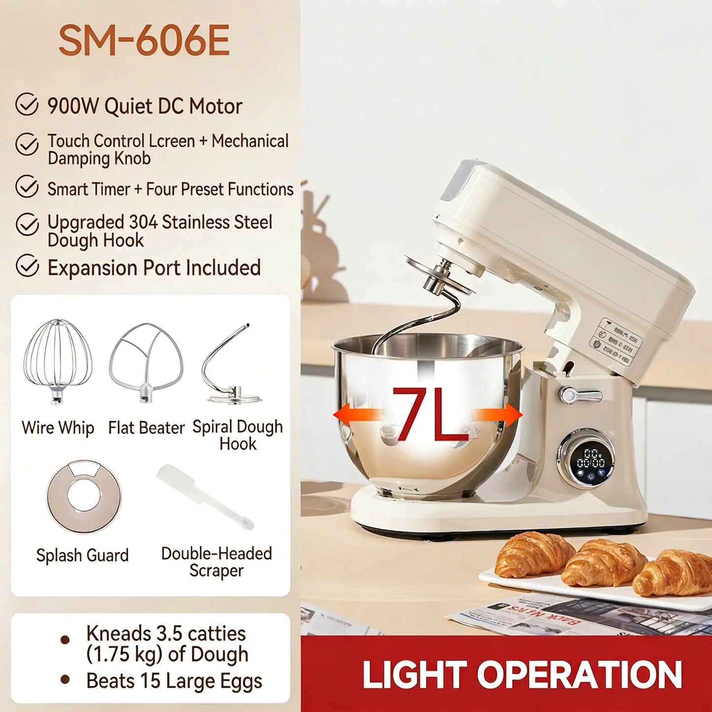 SUNATUR SM-606E Stand Mixer 900W 7L Electric Kitchen Mixer with 11 Speeds & Timer, Ultra-Quiet Dough Mixer for Home Baking
