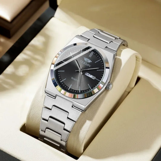 Men's Slim Stainless Steel Quartz Watch with Calendar - 40mm Minimal Dial, 3ATM (30m) Water Resistant
