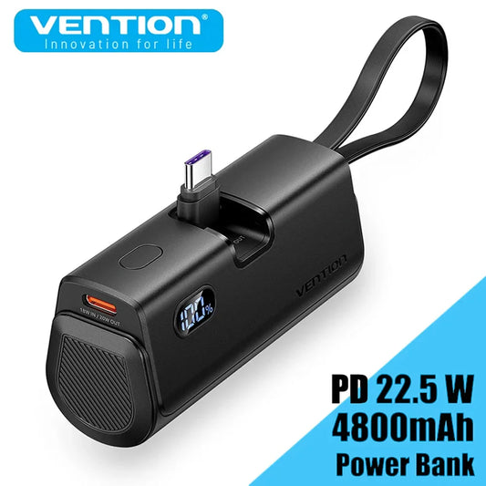 Mini Power Bank 4800mAh 22.5W USB-C PD Portable Charger with Built-In Lightning Cable – Fast External Battery for iPhone Samsung Xiaomi