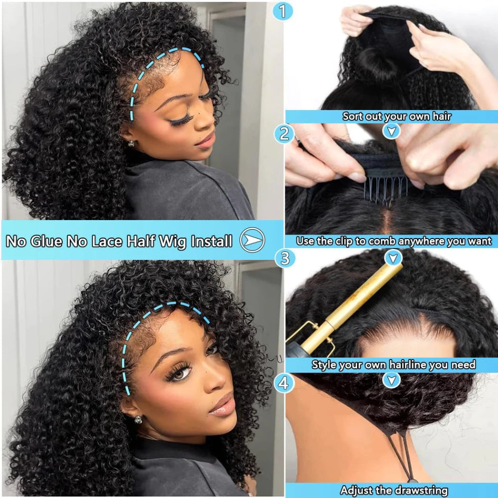 Nvnvdij Curly Human Hair Half Wig – 3-in-1 Headband Wig, 180/200 Density, 16–32 Inches, No Leave Out