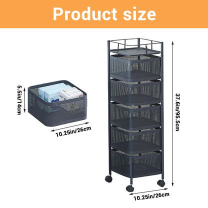 5-Tier Rolling Storage Cart with Rotating Baskets, Fruit & Vegetable Baskets Rotating Snack Rack for Kitchen Bathroom Craft Room
