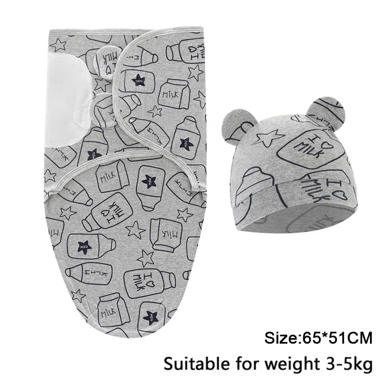 Baby Blanket Hat Set Cartoon Printed Cotton Newborn Swaddle Adjustable