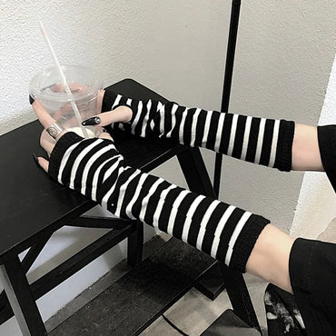 Elbow-Length Fingerless Knit Arm Warmers - Striped Winter Gloves for Men & Women