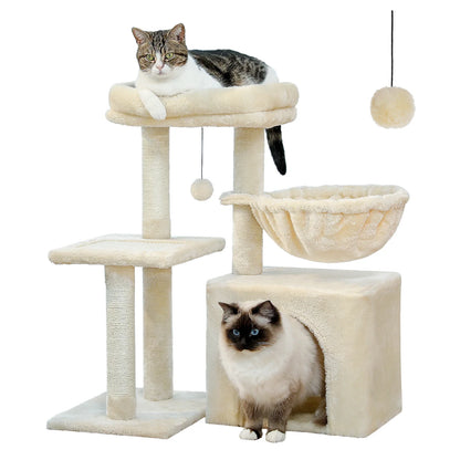 3-Tier Indoor Cat Tree Tower with Sisal Scratching Posts, Large Hammock & Removable Top Perch – Grey