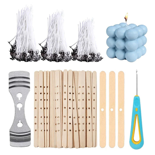 Pure Cotton Candle Wicks 100-Pack with Metal Wick Brackets & Silicone Punch Awl DIY Candle Making Kit