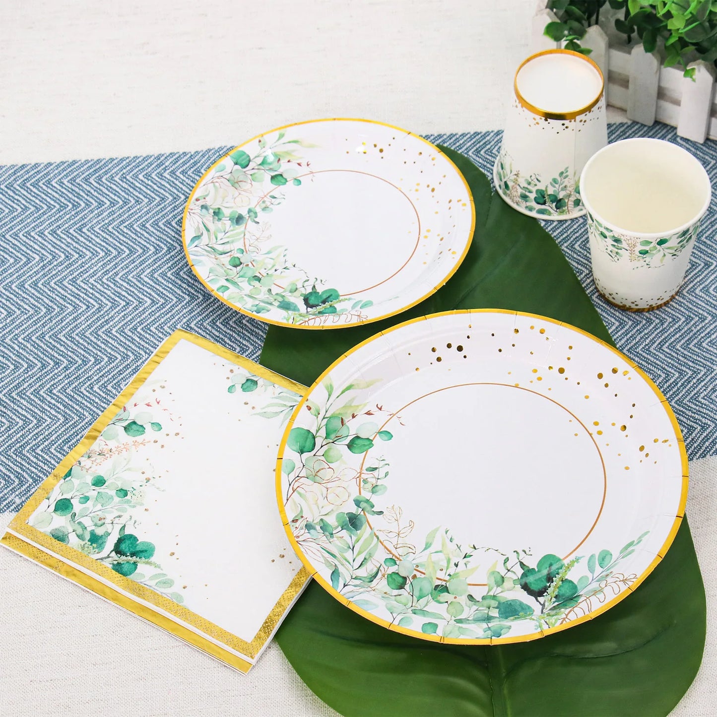 Sage Green Leaves Disposable Tableware Gold Edge Paper Plate Cup Napkins Wedding Decor Birthday Hawaiian Party Decoration