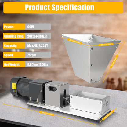 4L 220V Electric Grain Mill, 60W, 20kg/h, Adjustable Rollers