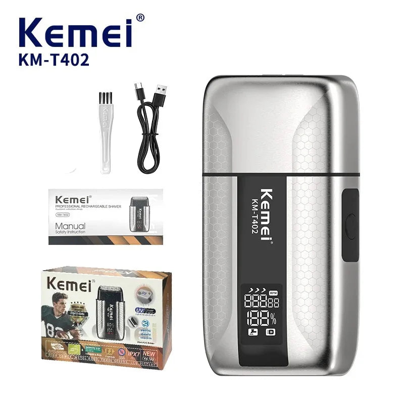 Kemei T402 UV-Disinfecting Metal Double-Foil Shavers Professional Barber Reciprocating Razor for Men Bald Head Shaving Machine