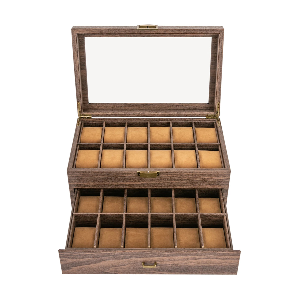 24-Compartment 2-Tier Watch Display Box with Glass Window - Rustic Brown PU & Wood, Removable Pillows, Tabletop Jewelry Organizer