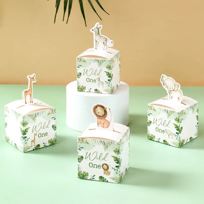 24PCS Jungle Safari Animals Candy Boxes Birthday Party Decoration Kids Gift Packaging Box Wild One Baby Shower Gifts Box Bag