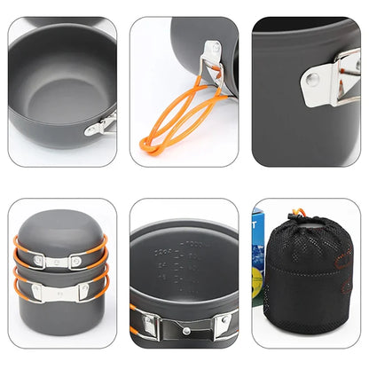 Portable 1-2 Person Aluminum Camping Cookware Set – Foldable Pot, Lid & Utensils