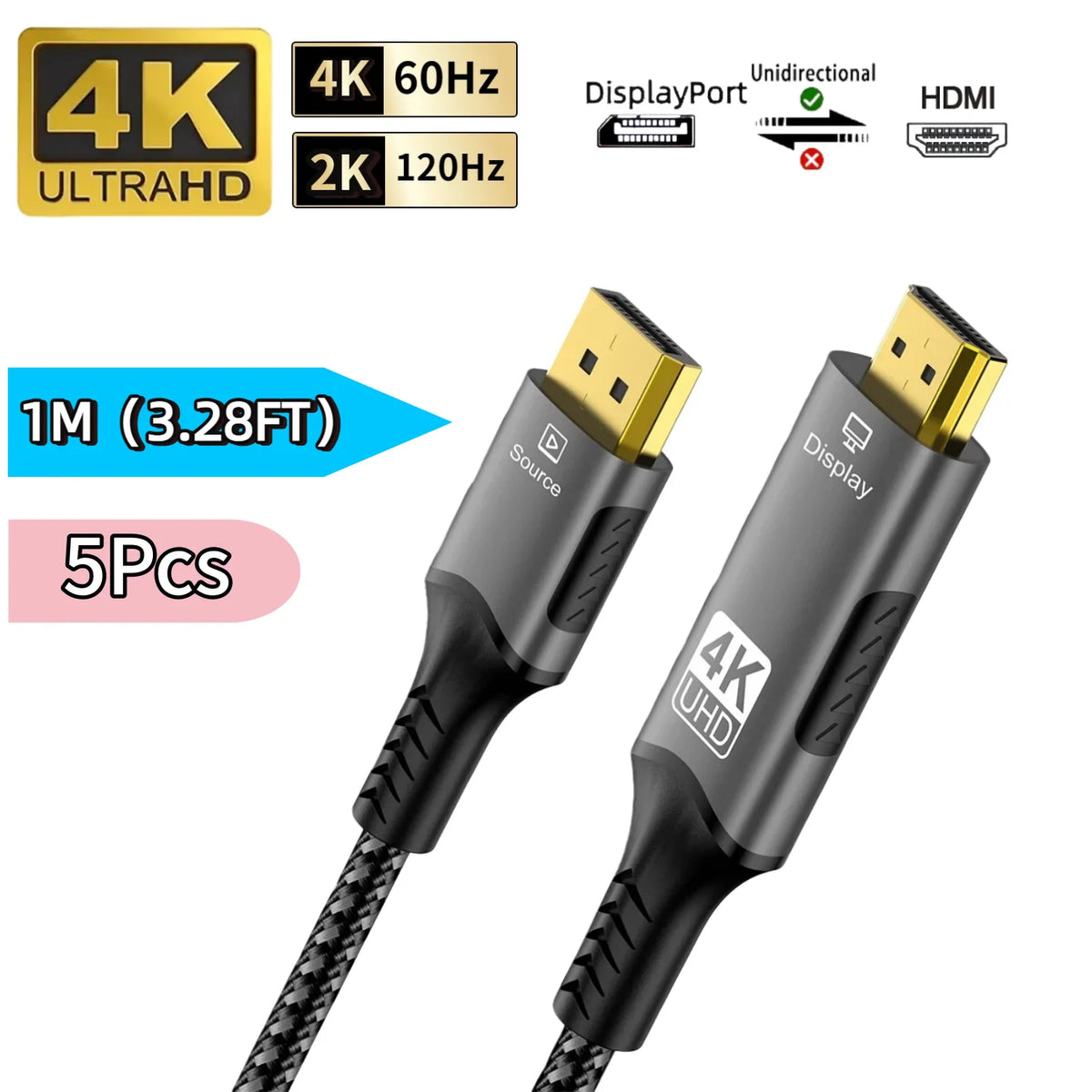 FDBRO DisplayPort to HDMI Cable - Uni-Directional, 4K@60Hz, HDR, VRR, Gold-Plated, Nylon Braided, 3.3/6.6/9.8ft, 1-5 Pack