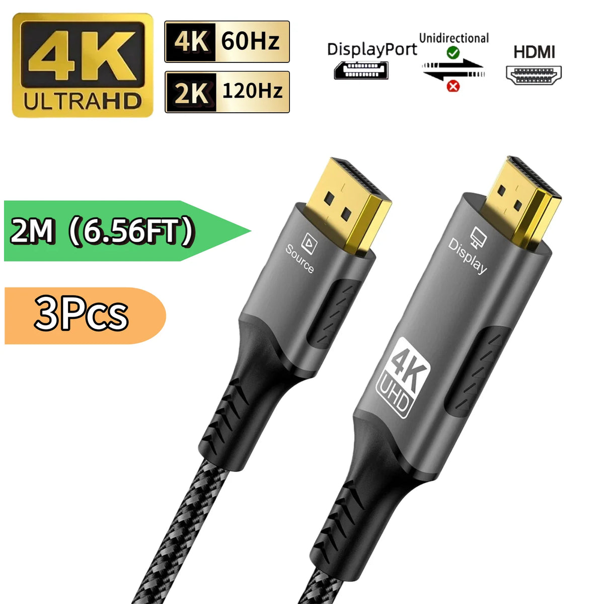 FDBRO DisplayPort to HDMI Cable - Uni-Directional, 4K@60Hz, HDR, VRR, Gold-Plated, Nylon Braided, 3.3/6.6/9.8ft, 1-5 Pack