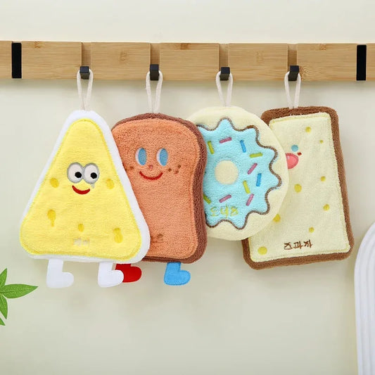Triple-Layer Coral Fleece Hanging Hand Towel 27 x 22 cm (10.6 x 8.7 in) Super Soft Absorbent Cartoon Kitchen & Bathroom Towel with Hanging Loop