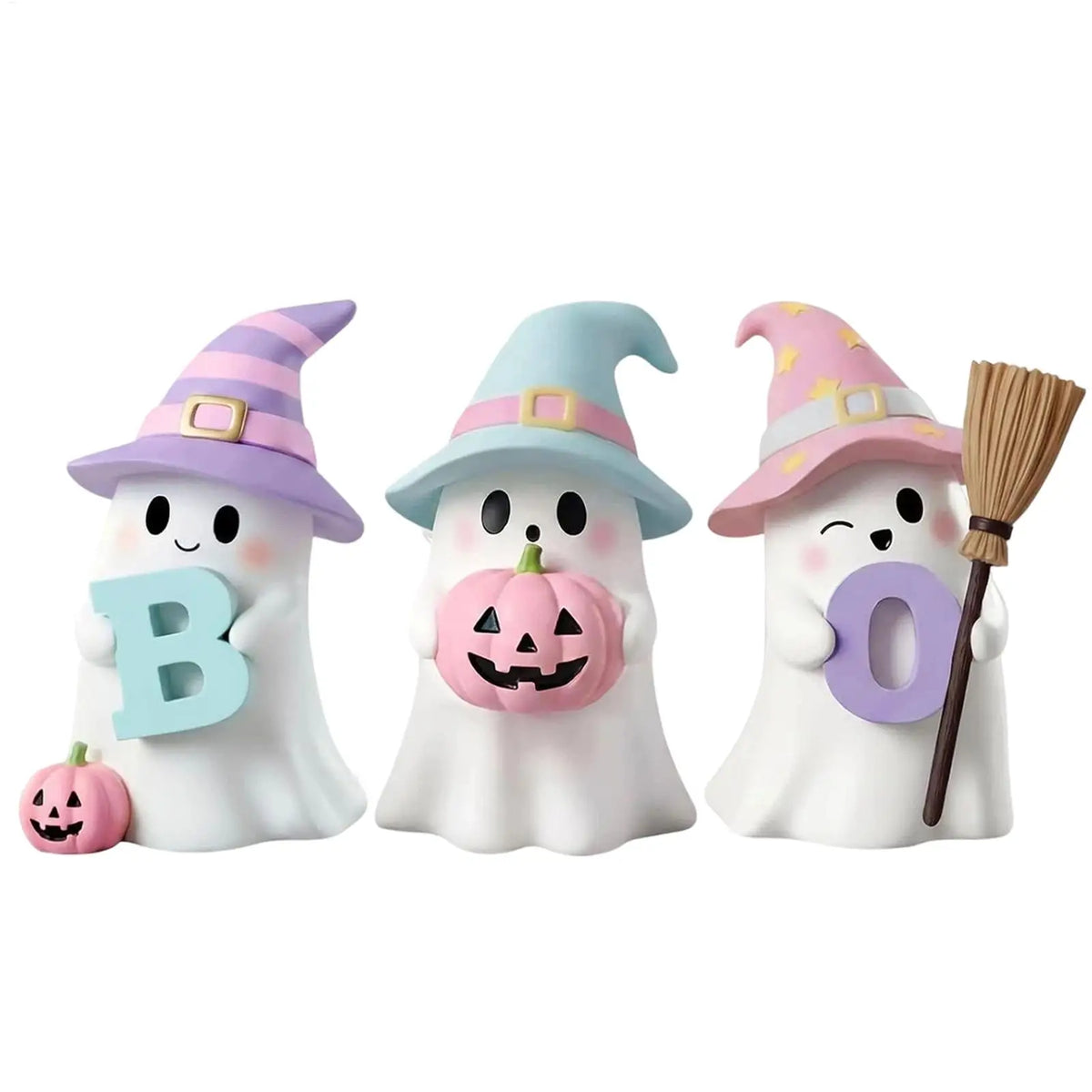 Halloween Ghost & Pink Pumpkin Resin Figurine Set – 3-Pack Cute Spooky Statues for Shelf, Mantel, Desk & Tabletop Decor