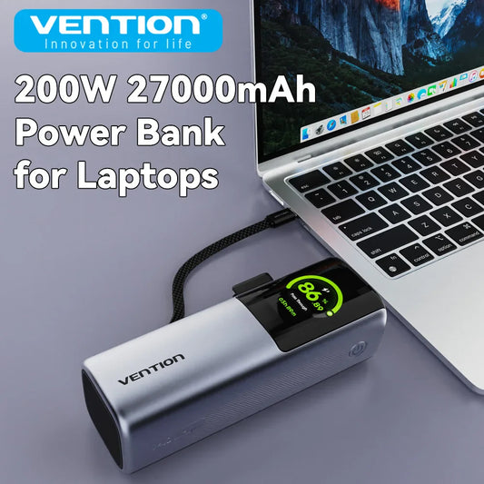 200W 27000mAh Power Bank PD Fast Charger with Built-in USB-C Cable - Portable Laptop External Battery (USB-A/USB-C)