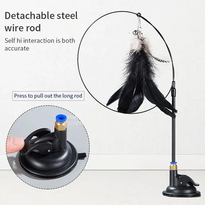 Interactive Cat Feather Teaser Wand with Bell, Extendable Rod, Suction Cup & Replaceable Feather Head