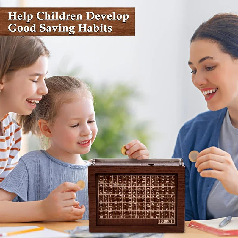 Wooden Piggy Bank Money Box - Reusable Handmade Savings Box with 10,000 Goal Tracker